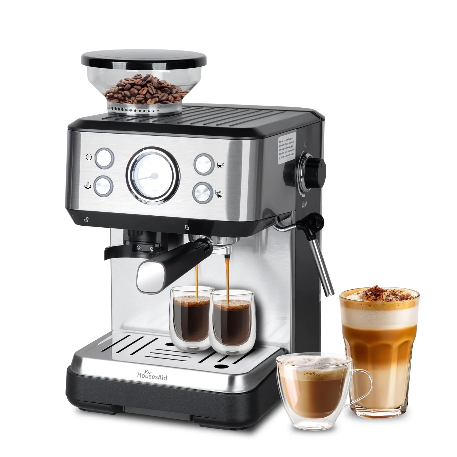 20 Bar Espresso Machine, Stainless Steel, with Built-in Grinder